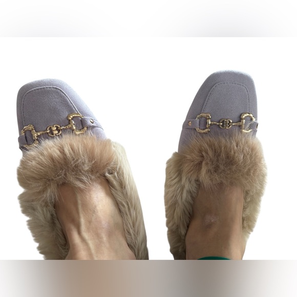 Lavender Faux Fur Loafers with Horse Bit Buckle Square Toe Slip-On. SZ 8.5/9 US